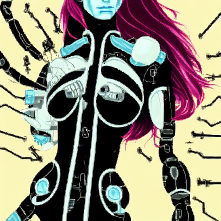 Female Cyborg with Pink Hair in Black Suit on Yellow Background with Mechanical Arms