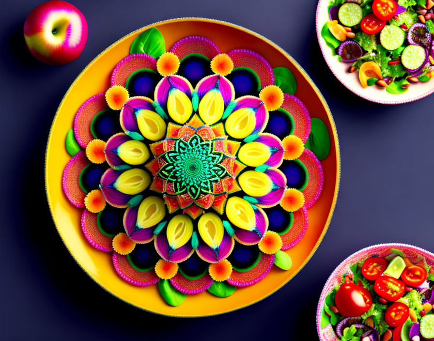Colorful Mandala Plate with Sliced Fruits and Vegetables on Purple Surface