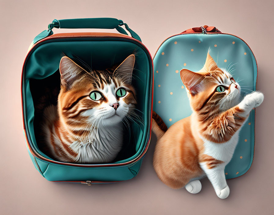 Two cute cats digitally placed near a teal and orange polka-dotted bag