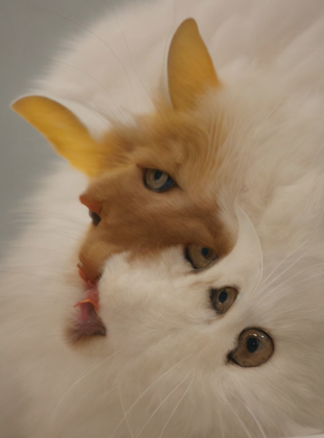 Ginger and white cats grooming each other with striking eyes and fluffy fur