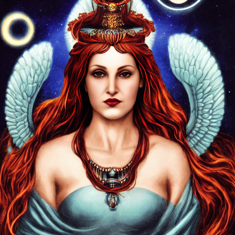 Mystical female figure with red hair and celestial background