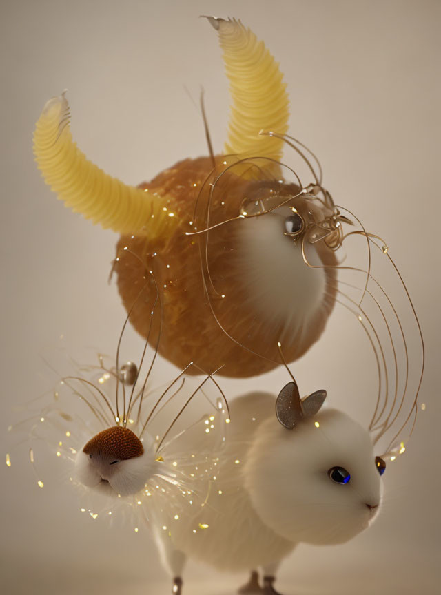 Whimsical fluffy creatures with wings and glowing filaments