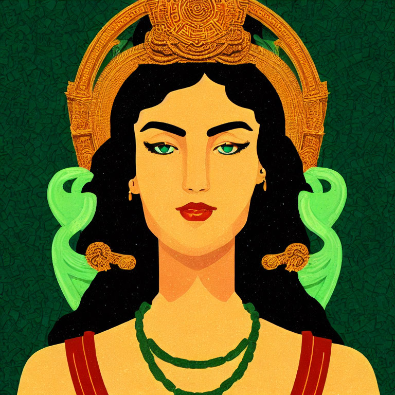 Illustrated woman with green hair, golden crown, and traditional ornaments on emerald backdrop