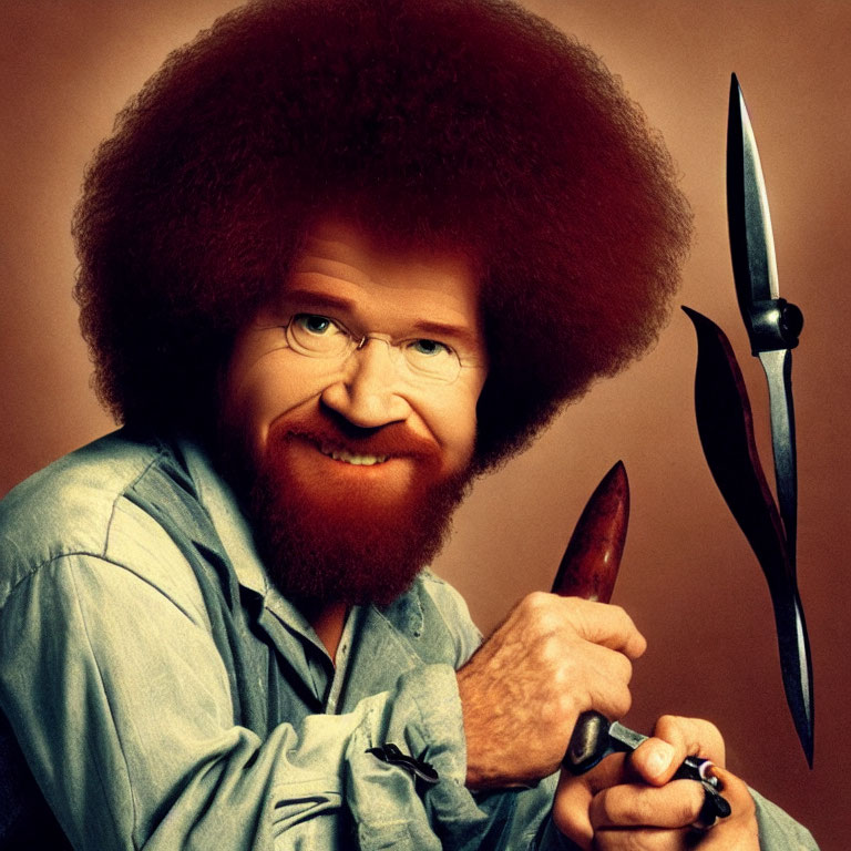 Man with large afro and beard holding gardening trowels, surrounded by floating trowels