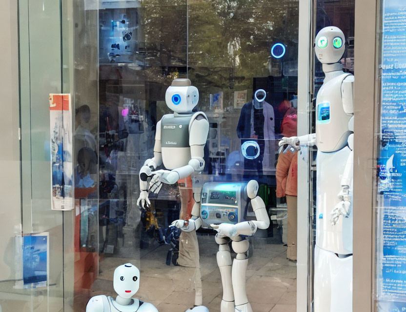 Humanoid Robots with Digital Blue Eyes in Shop Window Display