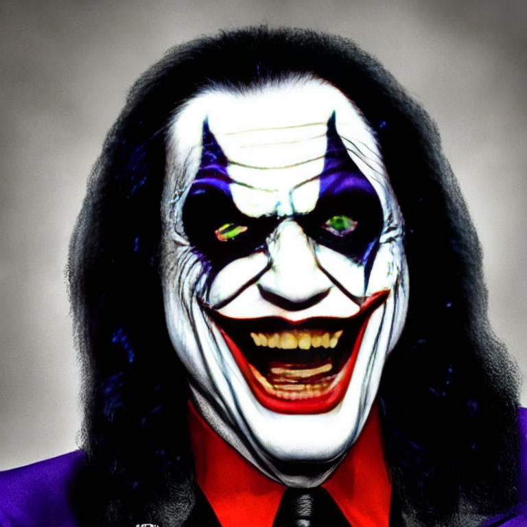 Character with Joker makeup: white face paint, dark eye circles, red lips, green hair, purple