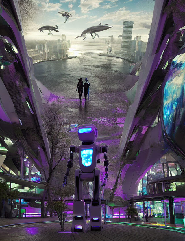 Futuristic cityscape with robots, flying vehicles, and neon-lit towers