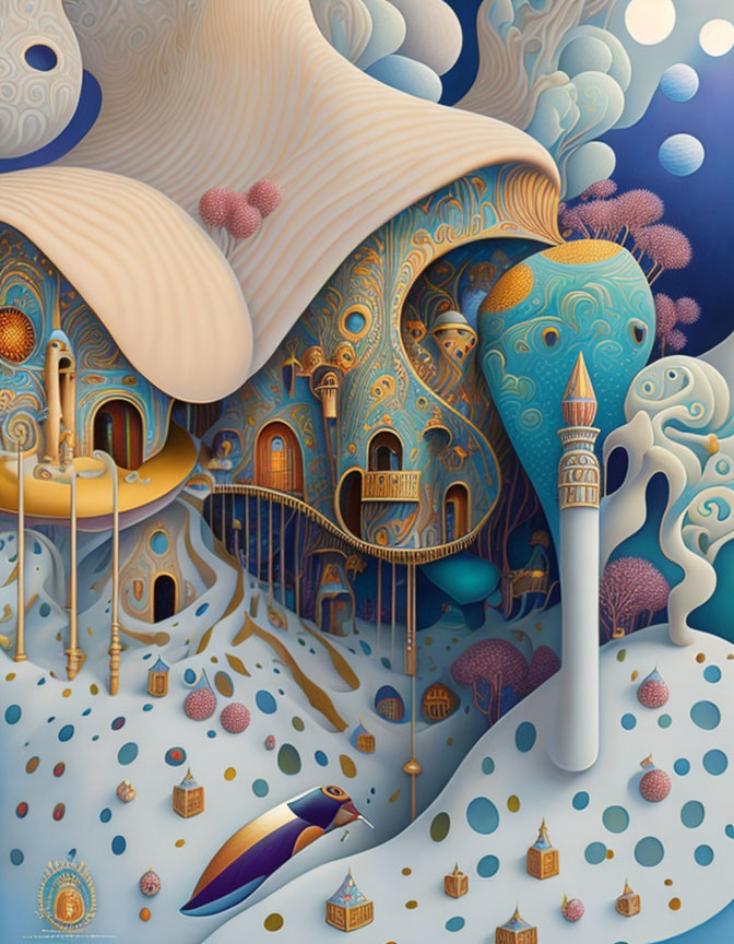 Fantastical surreal artwork with ornate structure and whimsical colors