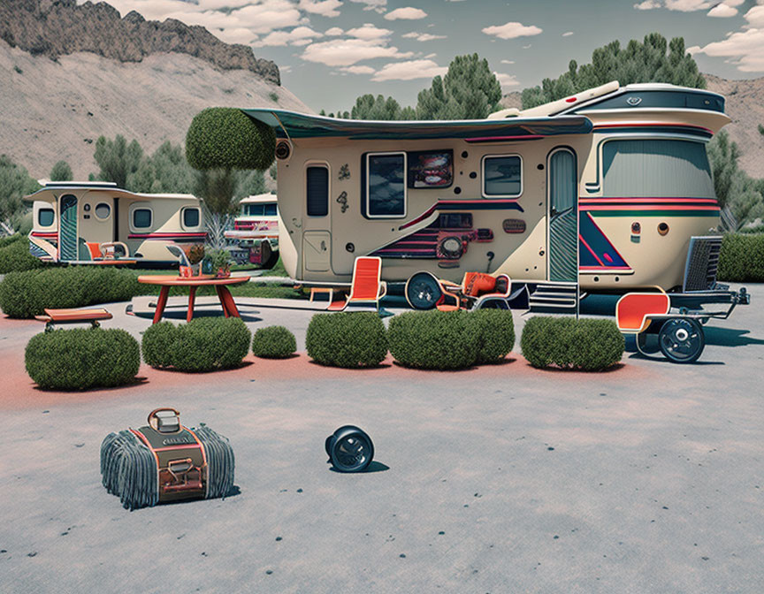 Vintage RVs in desert park with picnic tables and travel gear under clear blue sky