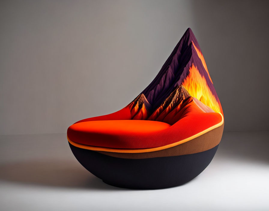 Volcano-inspired chair with orange seat and lava-themed backrest