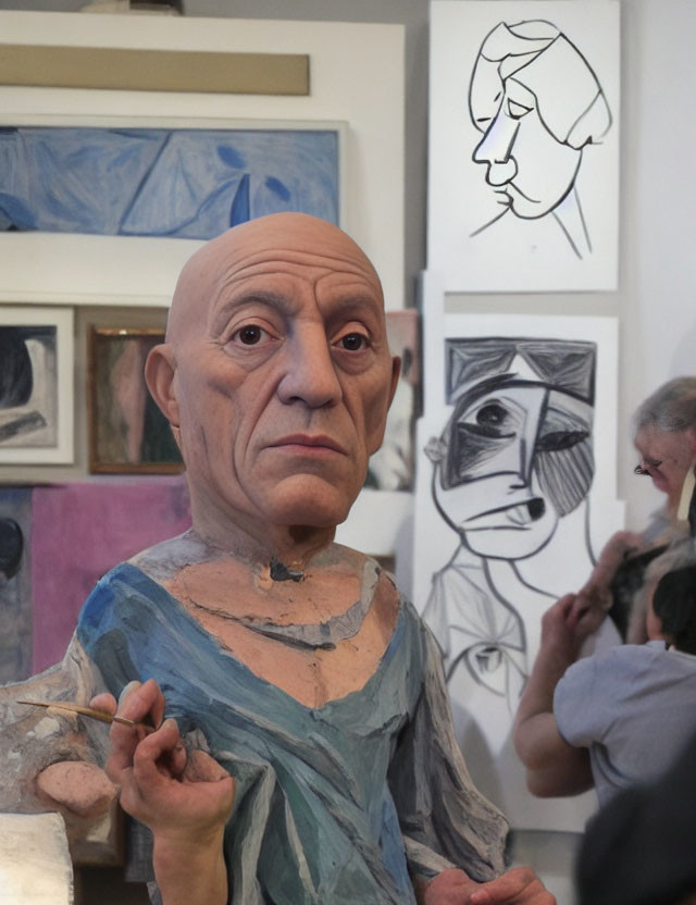 Life-sized Bald Man Sculpture with Exaggerated Features in Art Gallery