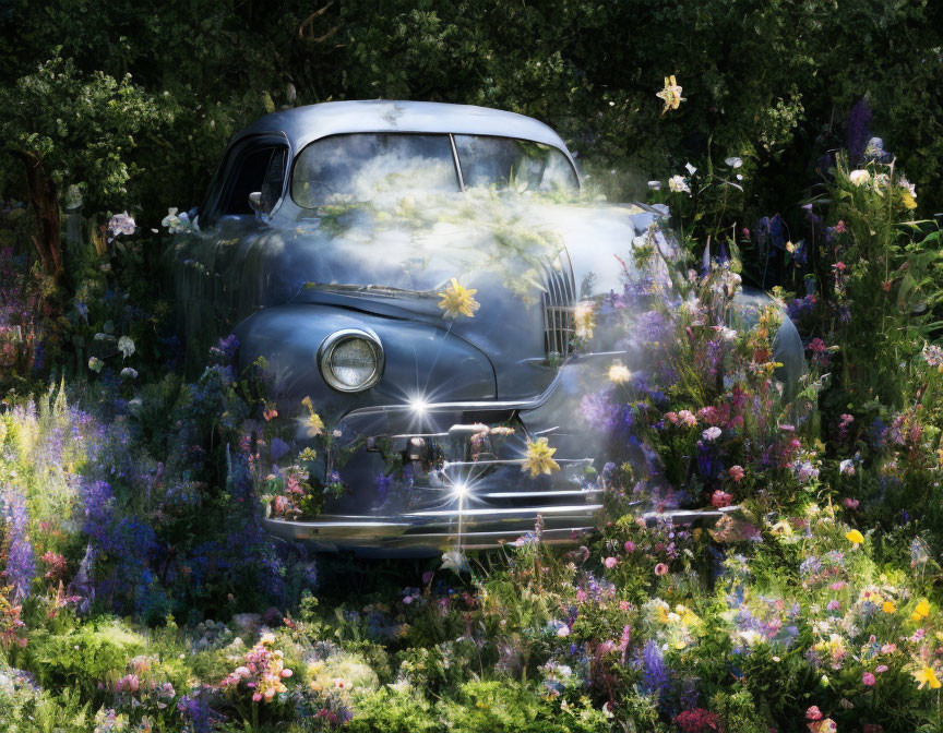 Vintage Car Surrounded by Mystical Fog in Wildflower Garden
