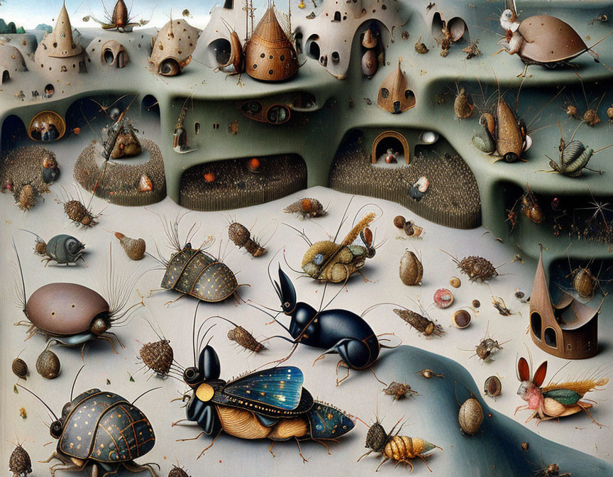 Surreal landscape with insect-like creatures and organic structures
