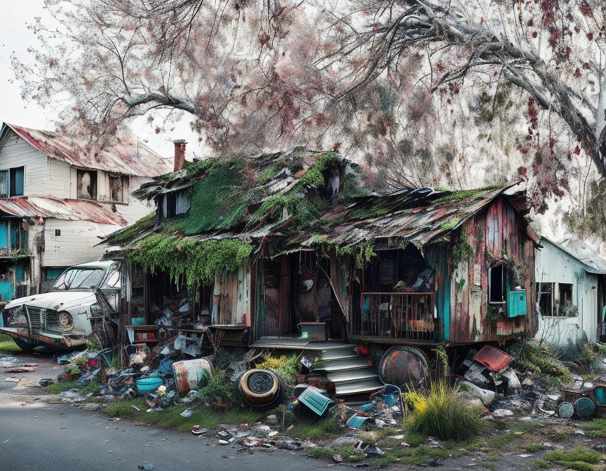 Abandoned house with overgrown plants, rusty car, and pink blossoms.