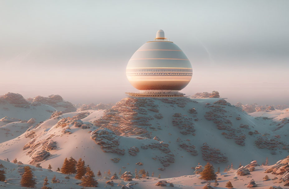 Futuristic spherical building on snowy mountain at sunset