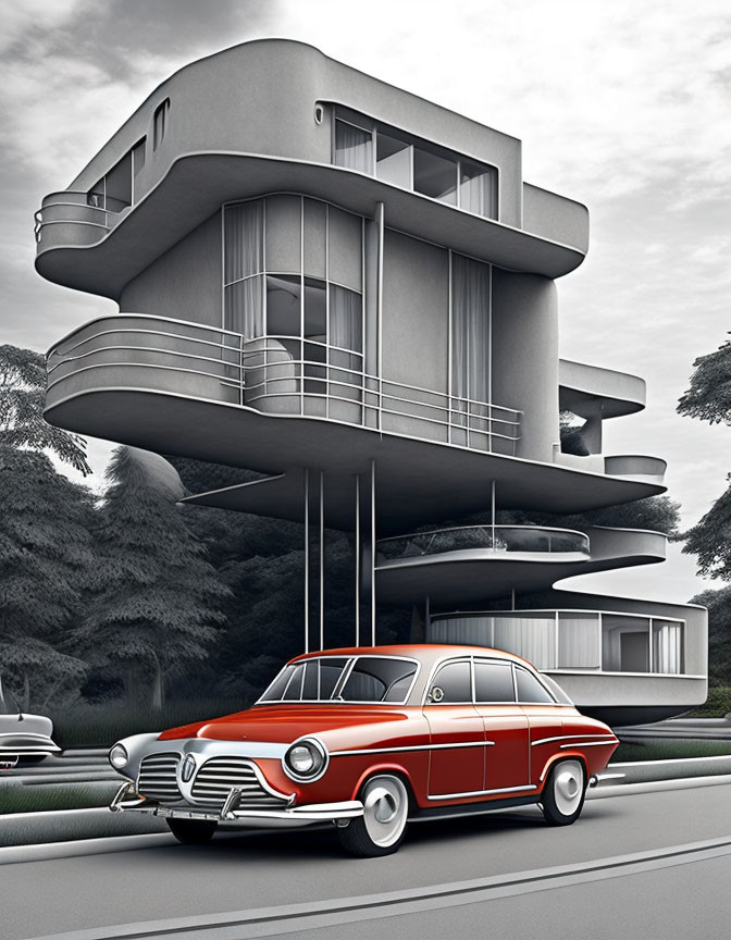 Retro-futuristic illustration with red and white car and gray multi-level building