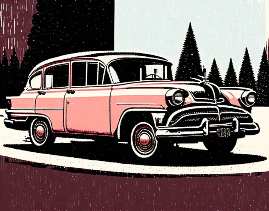 linocut of a lopsided old car
