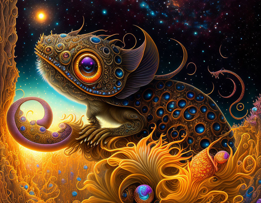 Colorful chameleon with intricate patterns in cosmic setting