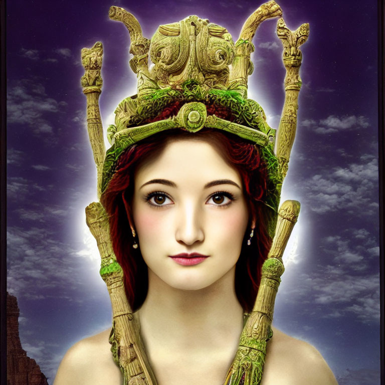 Detailed Green Headdress with Antler-Like Structures on Woman Against Twilight Sky
