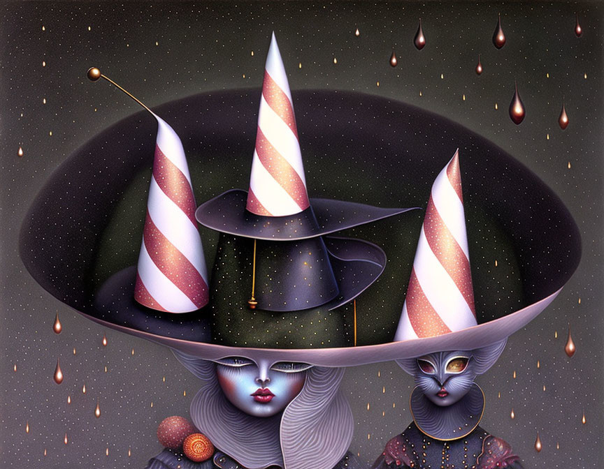 Surreal characters with conical hats and celestial faces sharing wide-brimmed hat.