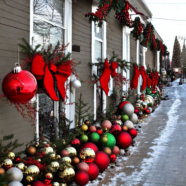 Decorated Christmas Street with Ornaments and Wreaths