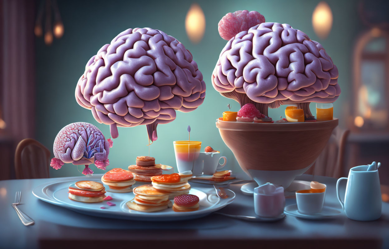 Two humanoid brains having breakfast with syrup, tea, and morning foods