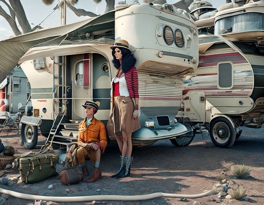 Vintage caravan and airplane backdrop with stylish individuals in desert landscape