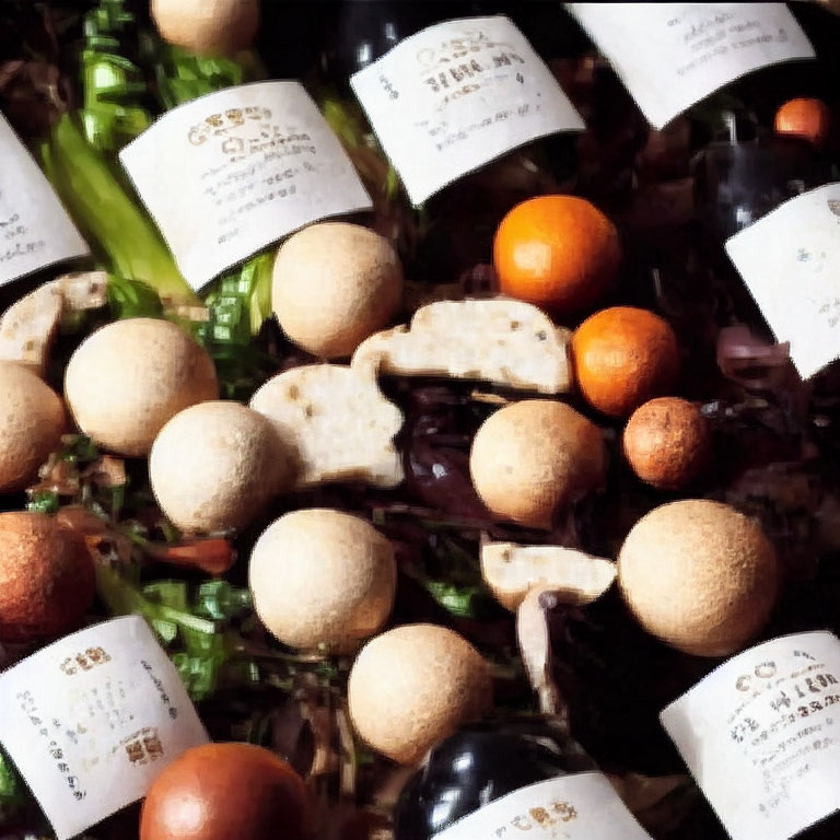 Assorted Mushrooms and Small Oranges with Foreign Script Labels