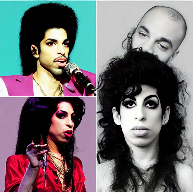 Four Individuals with Distinctive Hairstyles and Bold Makeup Singing Against Colorful Backgrounds