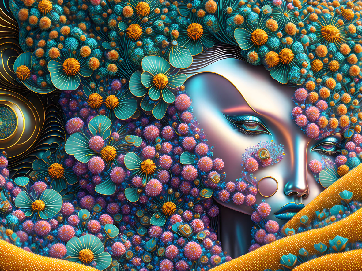 Colorful fractal digital art: female face hidden by intricate patterns