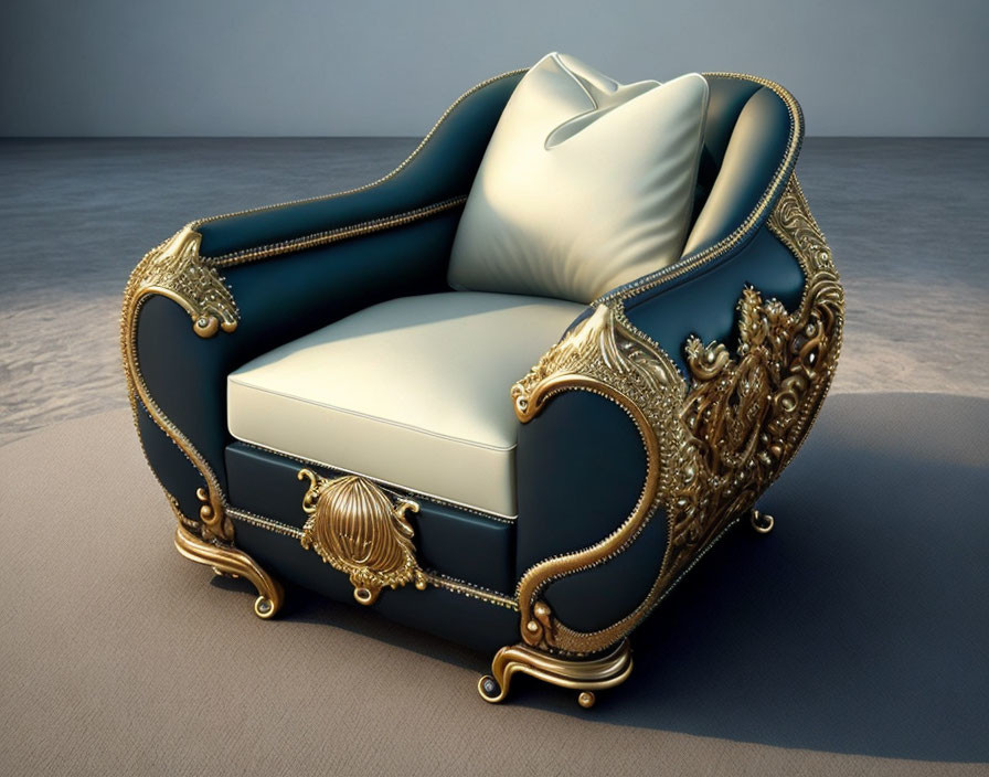 Blue and Gold Ornate Armchair with Carvings and White Cushion on Grey Background