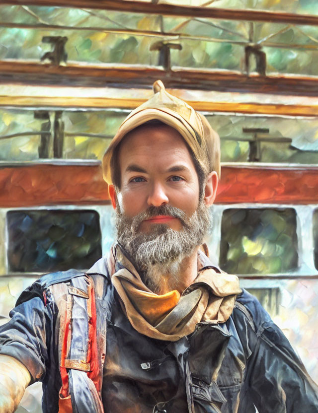Bearded man in cap and scarf with stained glass background in painted style