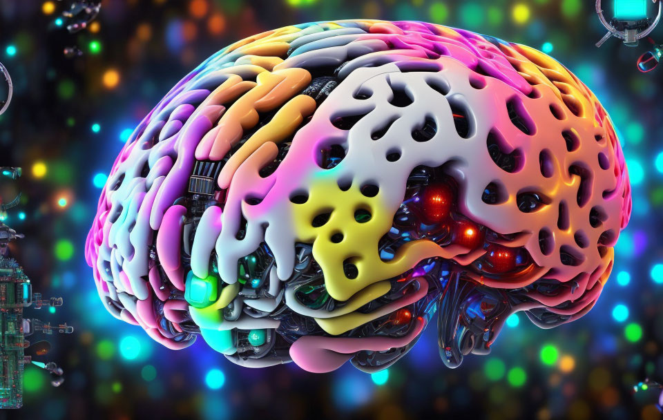 Vibrant Brain Artwork with Cybernetic and Digital Elements