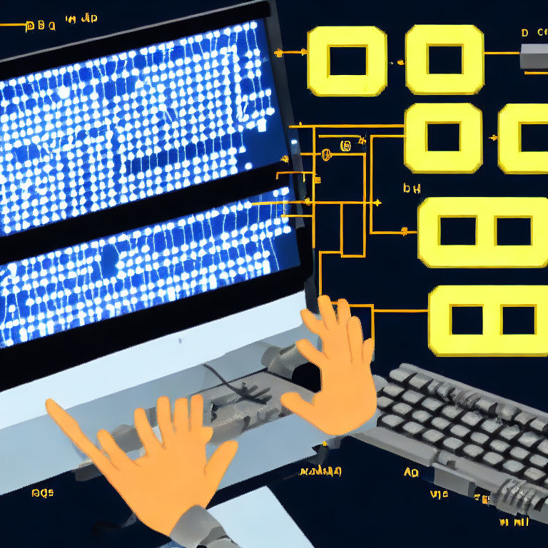 Stylized illustration of hands typing on keyboard with digital pattern and yellow boxes.