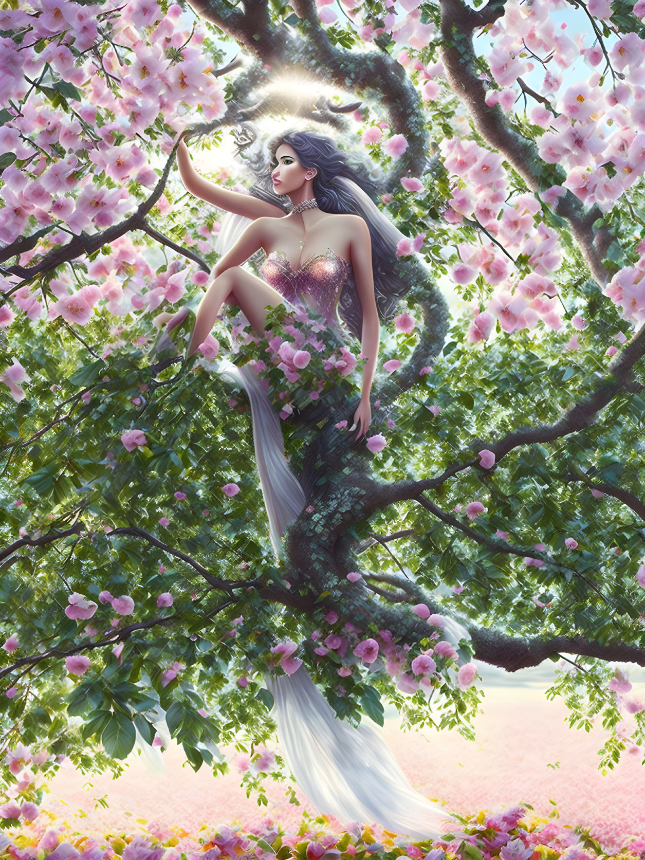 Mystical woman with long hair in blossoming tree with pink flowers