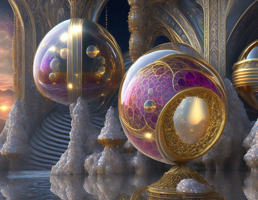 Fantastical digital art scene with reflective orbs and golden architecture