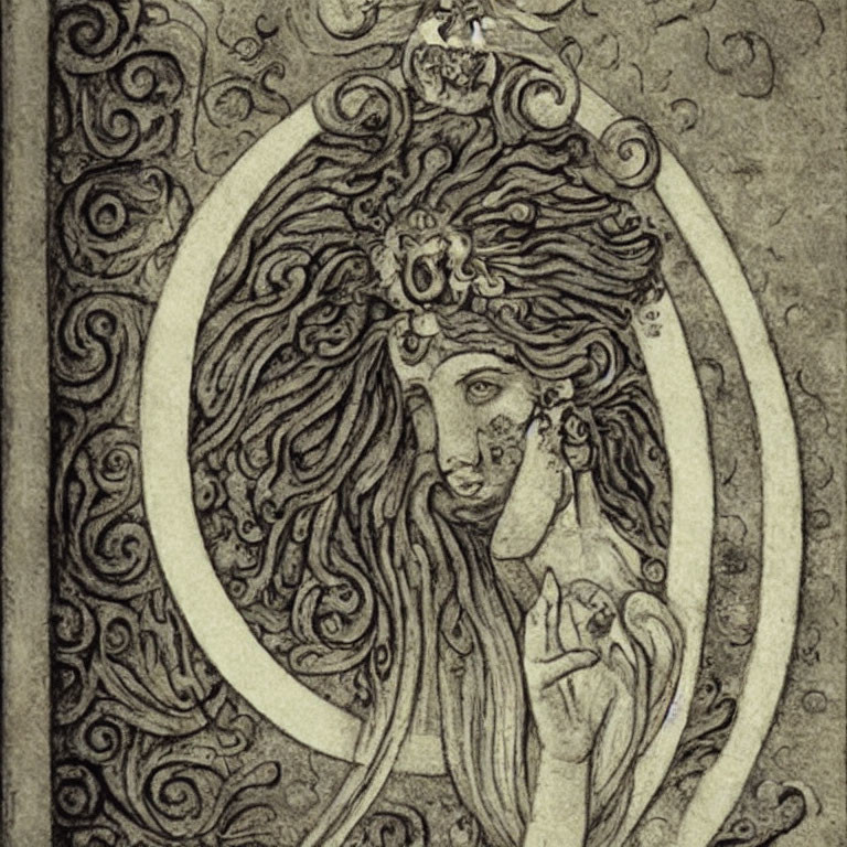 Art Nouveau Style Illustration of Woman with Flowing Hair and Ornate Patterns