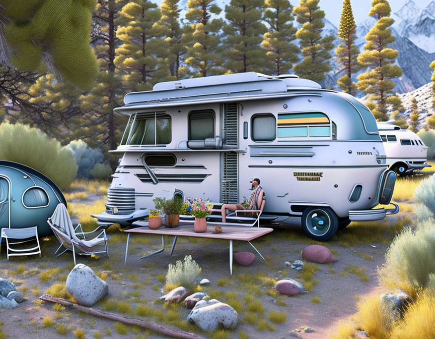 Vintage-style RV in serene wilderness with person, chairs, grill, and mountains.