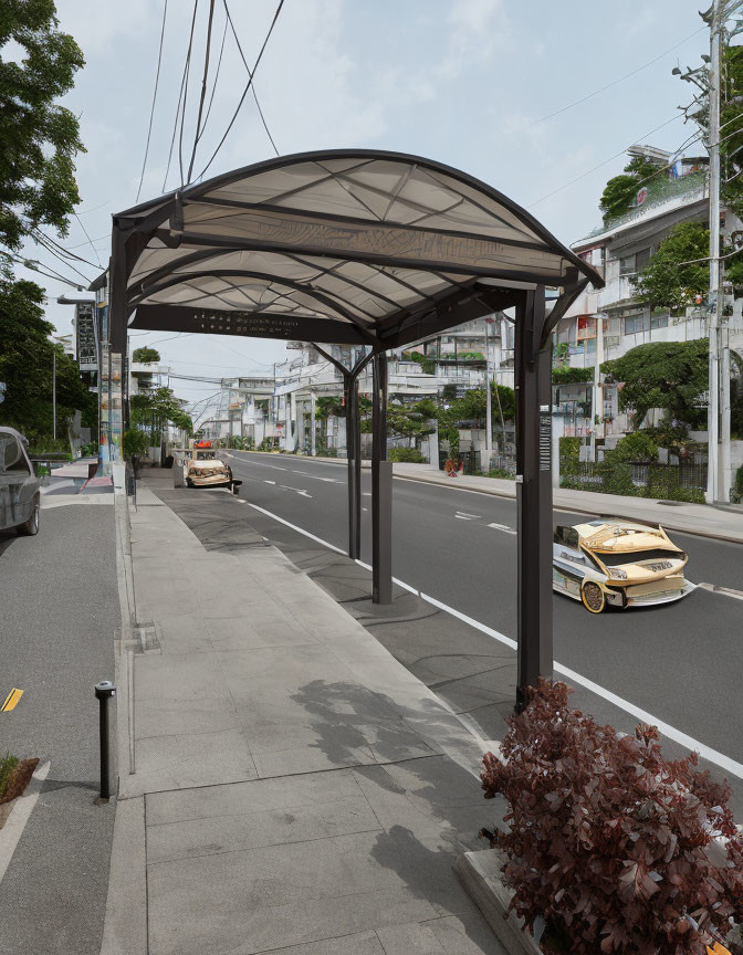 City street bus stop with metal shelter, cars passing, and residential buildings.