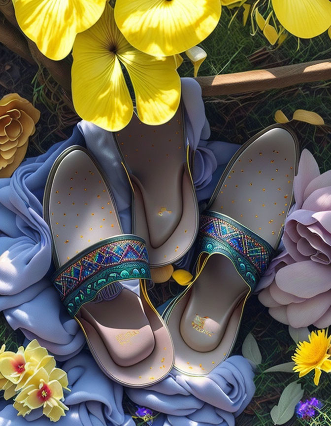 Colorful Decorated Sandals Surrounded by Vibrant Flowers and Greenery