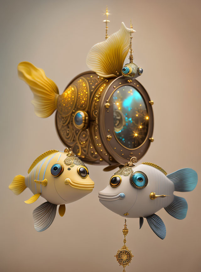 Intricate celestial-themed mechanical fish on beige background