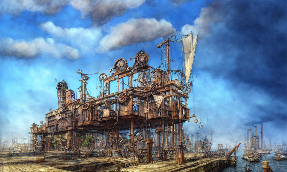 Steampunk dock with intricate gears, wooden structures, sail, and ships under cloudy sky