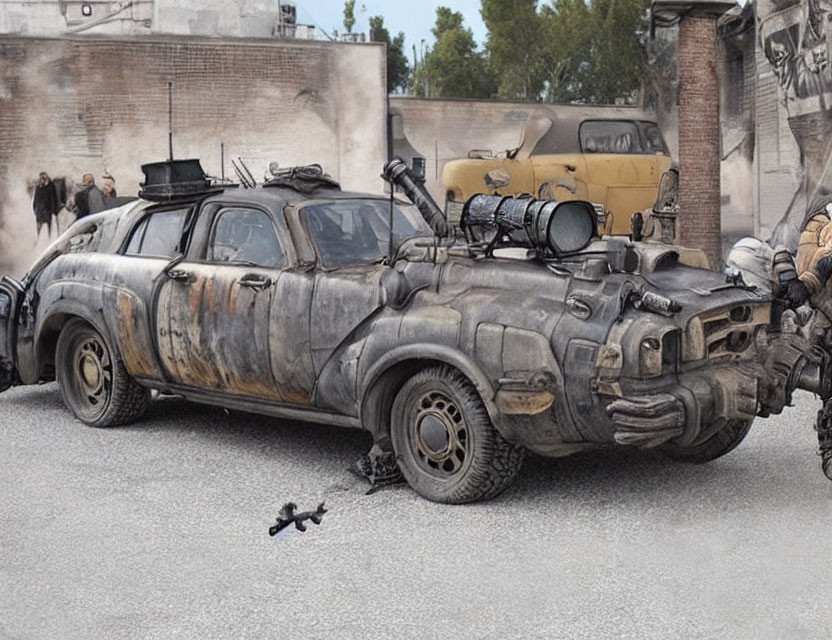 Post-apocalyptic car with heavy modifications and armor in urban setting with dystopian outfits