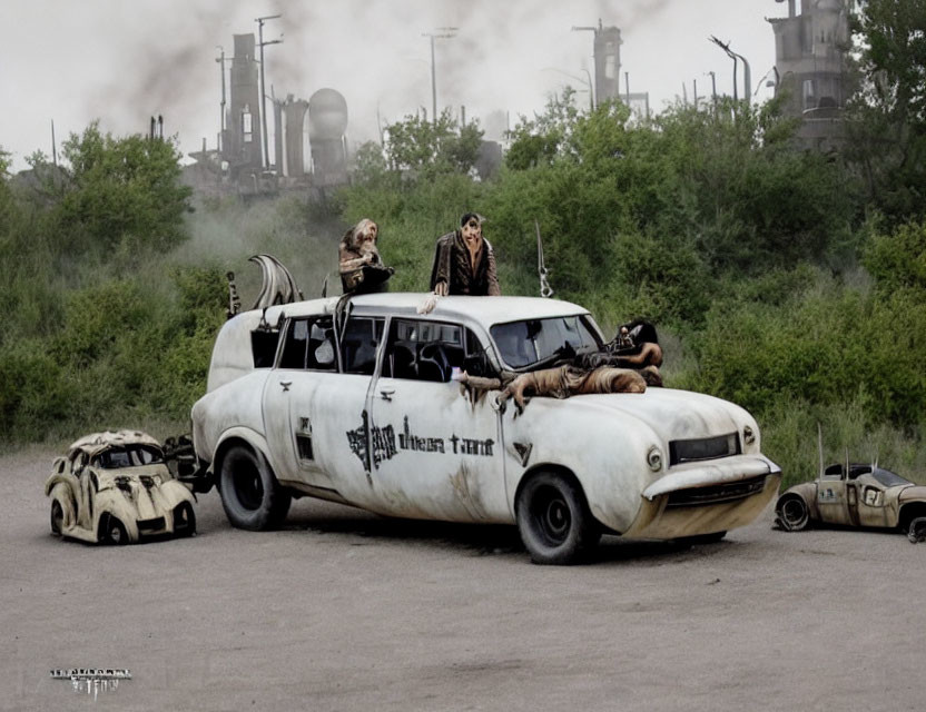 Modified vehicles and armed individuals in a post-apocalyptic setting with industrial structures.