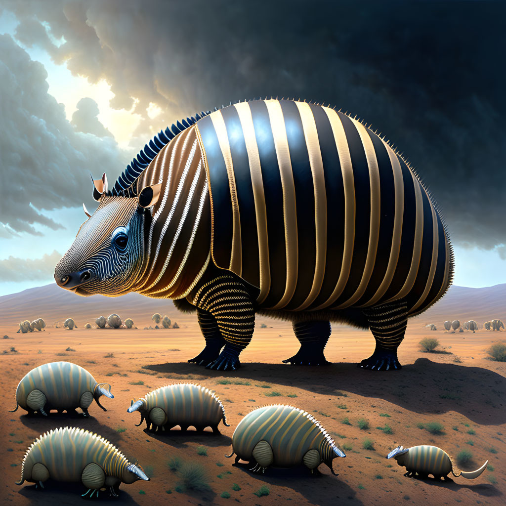 Surreal illustration: Oversized armadillo-like creatures in desert landscape