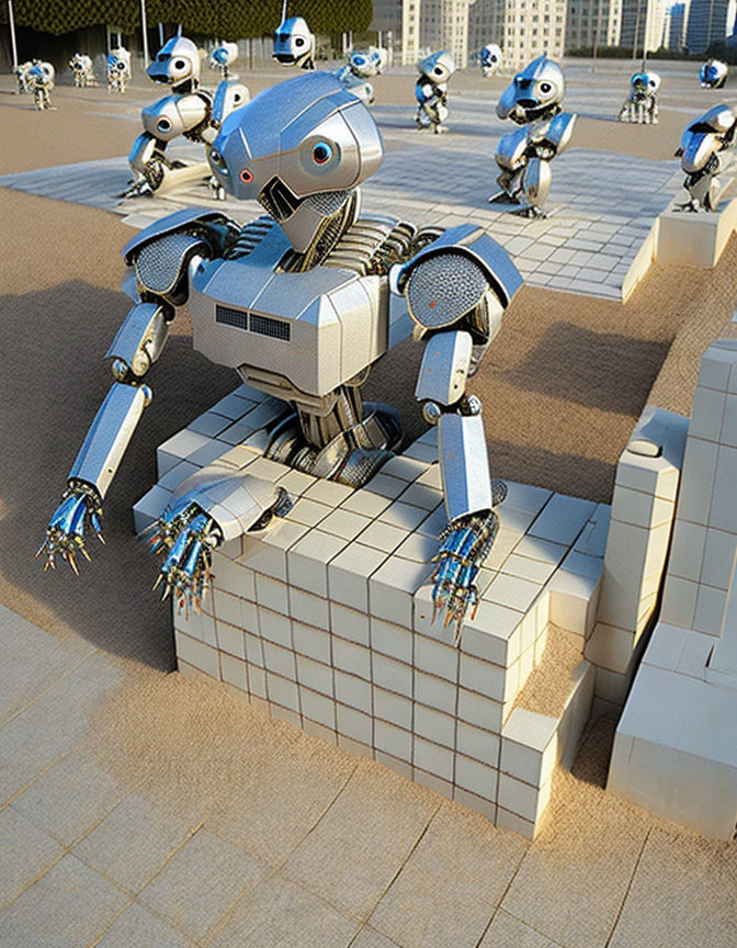 Futuristic humanoid robots on tiled surface with urban skyline.