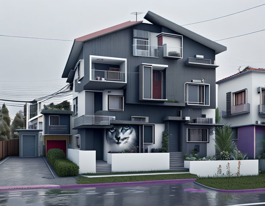 Gray two-story house with balconies, garage, and cat mural on overcast day