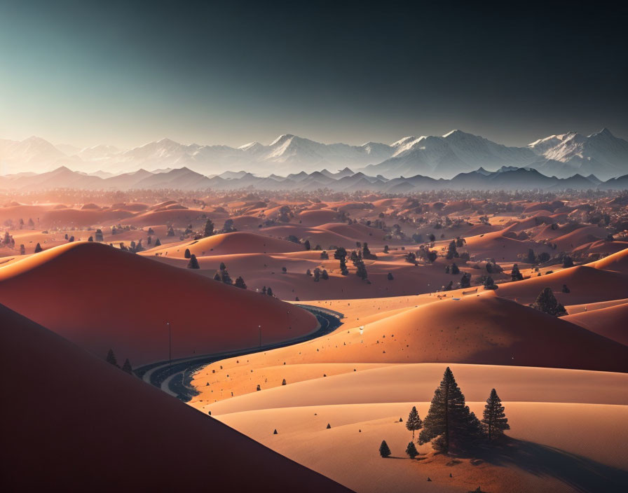 Desert landscape with dunes, road, and mountains in soft evening light