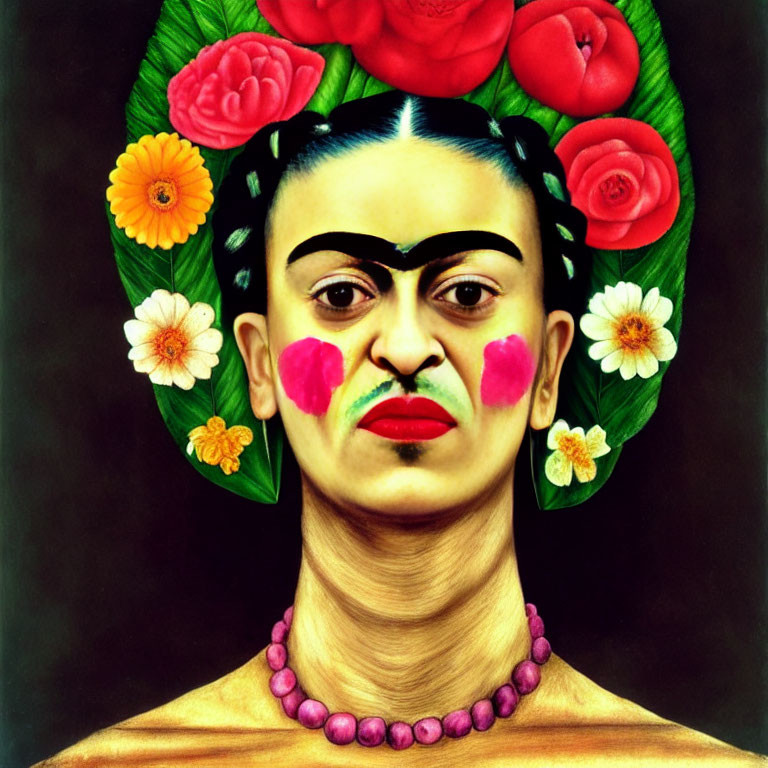 Vibrant woman portrait with unibrow, flowers, pink cheeks, necklace