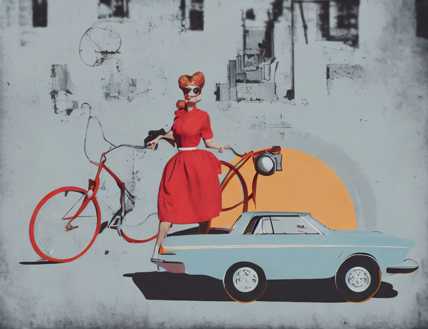 Vintage-style illustration of woman with sunglasses and red scarf holding bicycle and classic car against abstract background